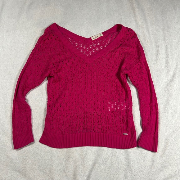 Hollister Sweaters - Hollister Women Hot Pink Pointelle V-Neck Open Knit Chevron Sweater Medium Lace